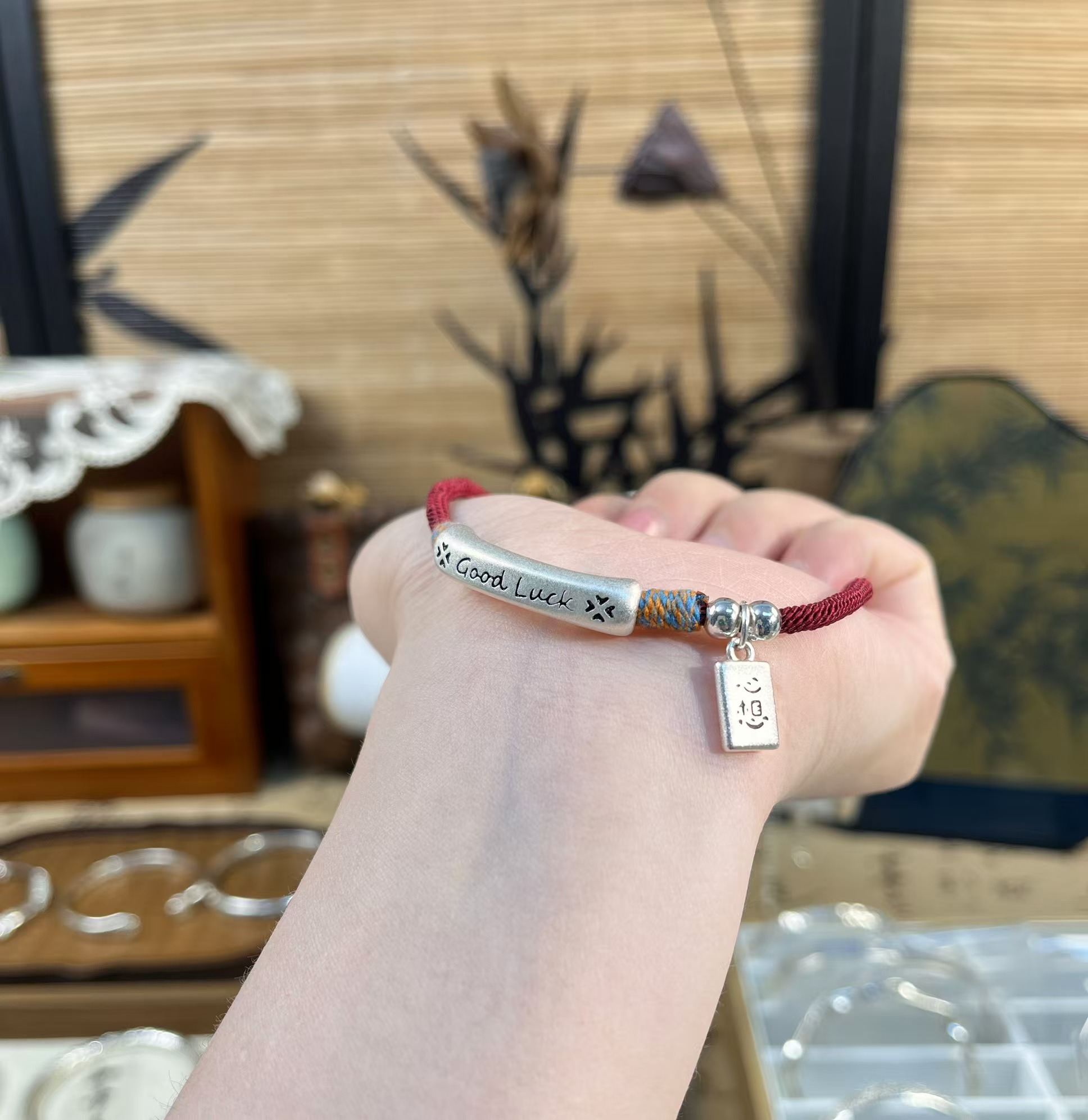 足银银制品 Good luck红绳手链 心想事成红手绳