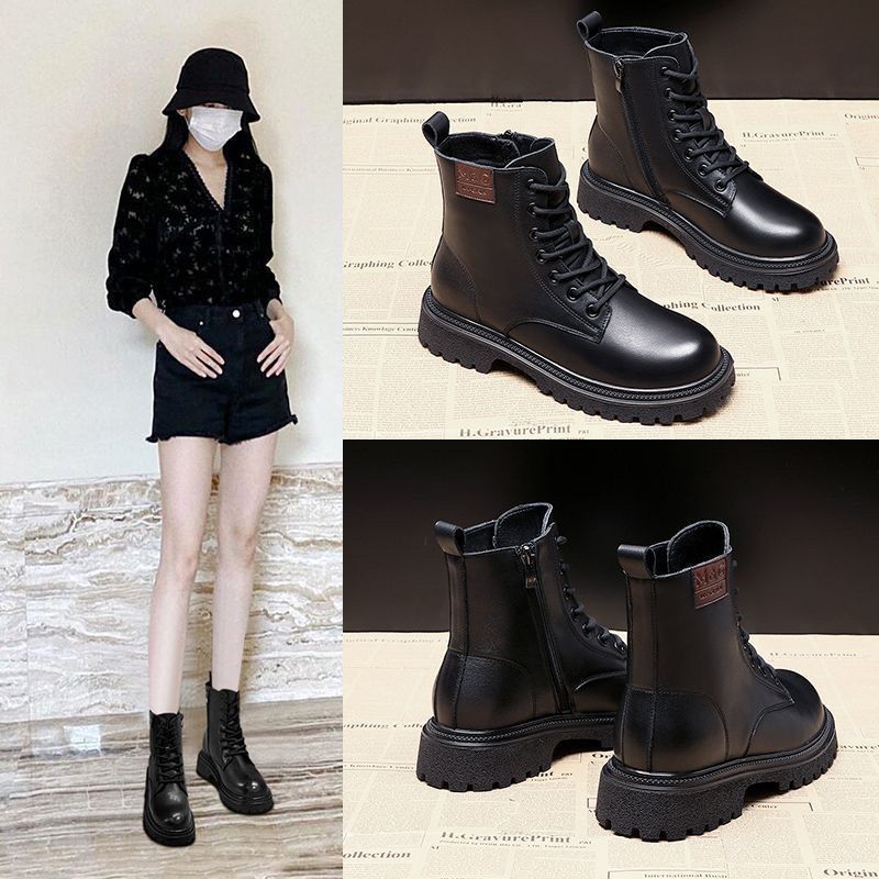 红蜻蜓牌断码真皮厚底马丁靴女2023新款春秋冬加绒英伦风炸街短靴