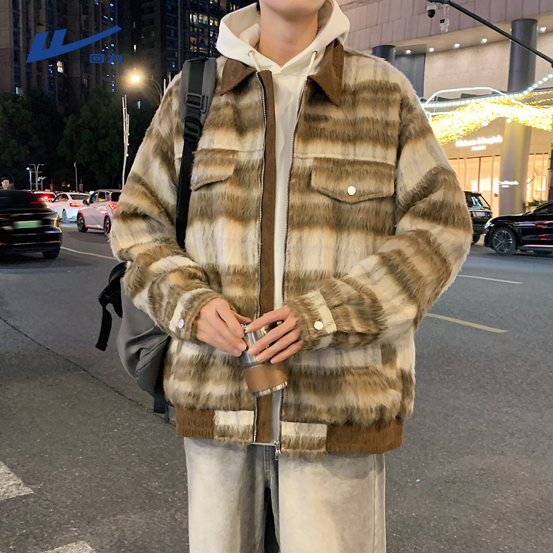 回力外套男款2024秋冬新款潮流格子毛呢大衣宽松百搭翻领夹克男生