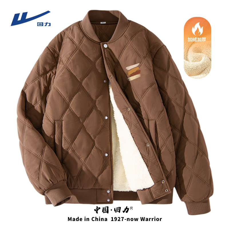 回力美式棉服加绒加厚秋冬款仿羊羔毛上衣男士2024新款棒球棉外套