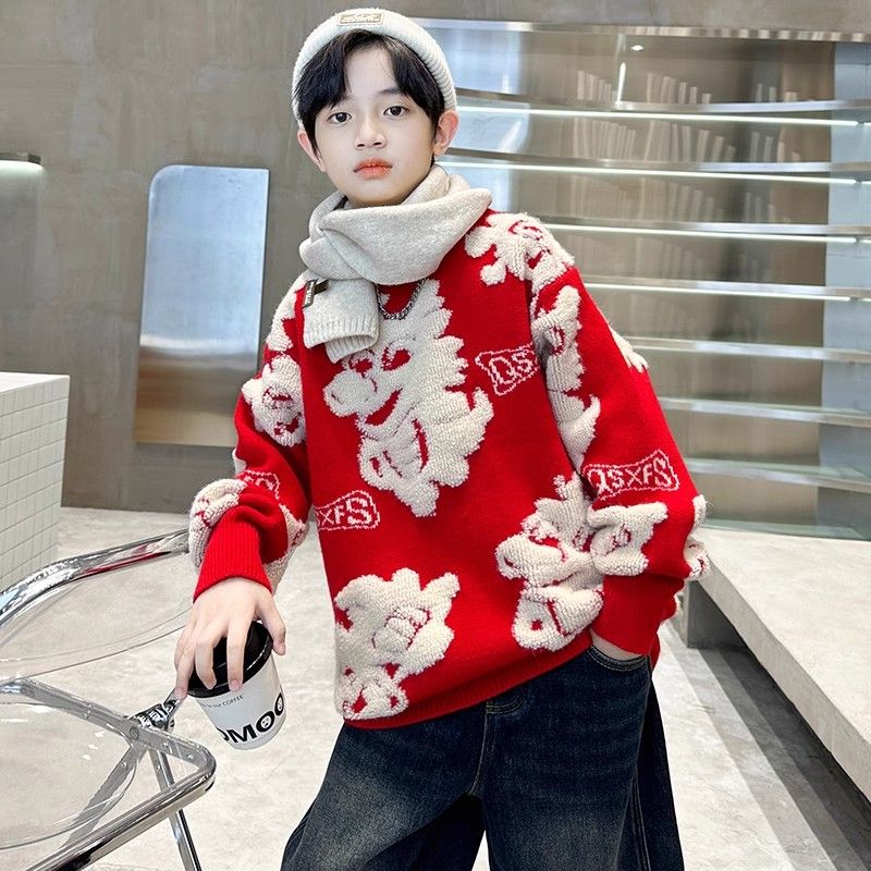 男童冬季毛衣2023新款男孩中大儿童秋冬款加绒加厚本命年打底衫潮