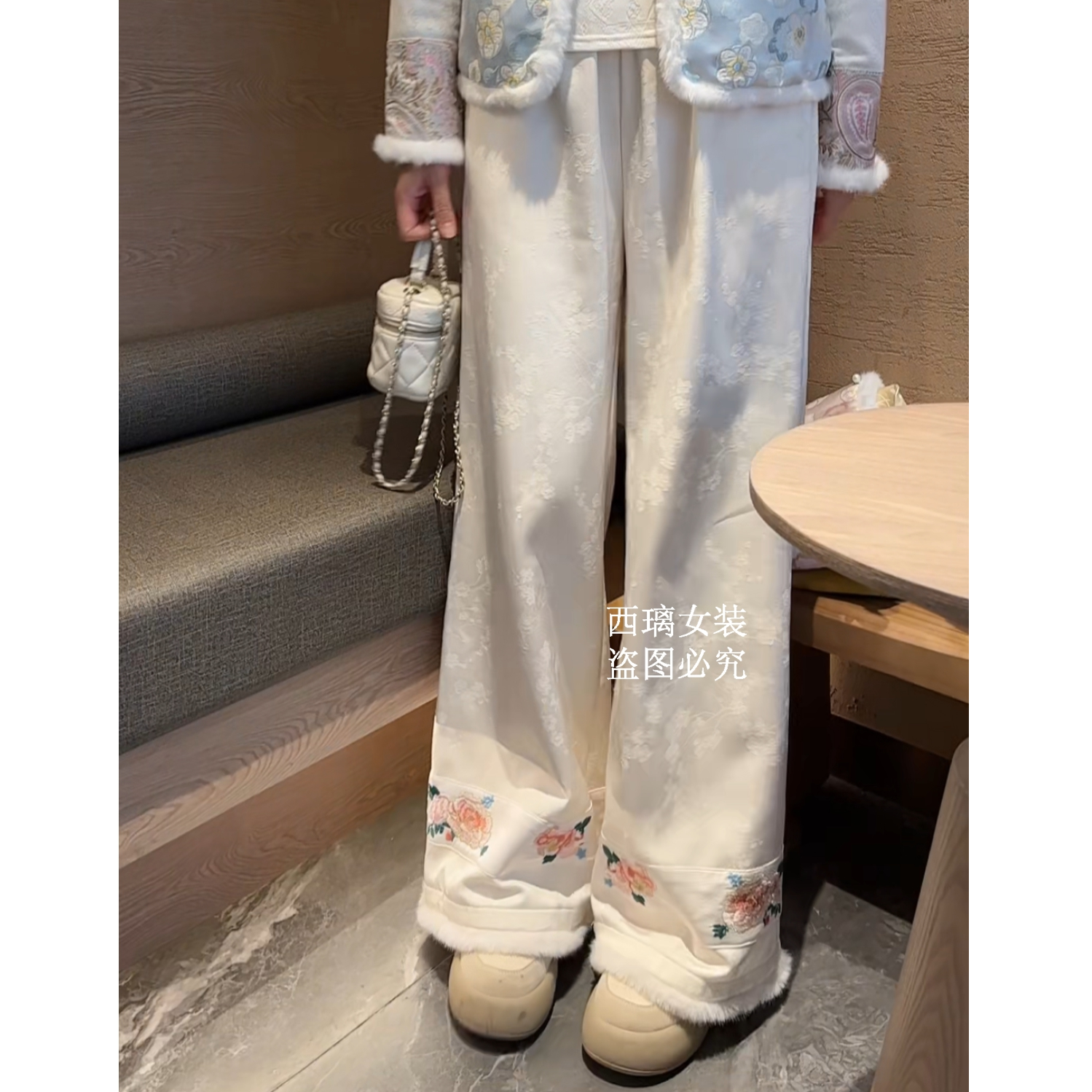 加绒加厚【步步生花】冬季新中式中国风休闲裤女直筒裤阔腿长裤子