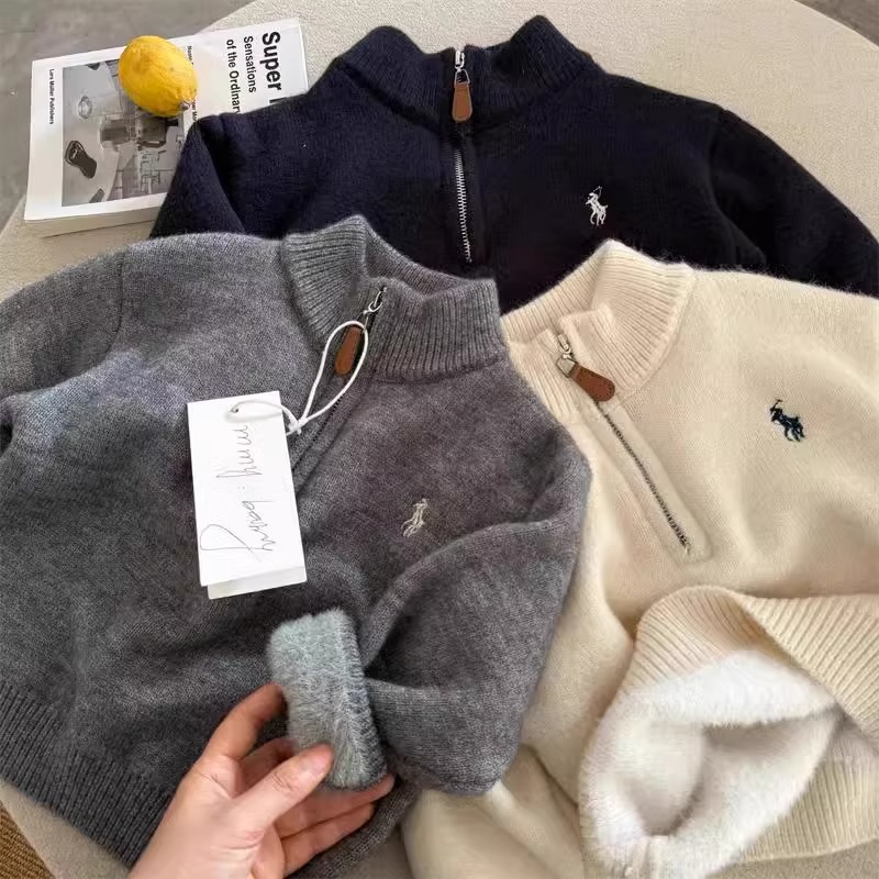 儿童毛衣男加绒冬季款中小童一体绒针织衫内外搭宝宝套头衫女加厚