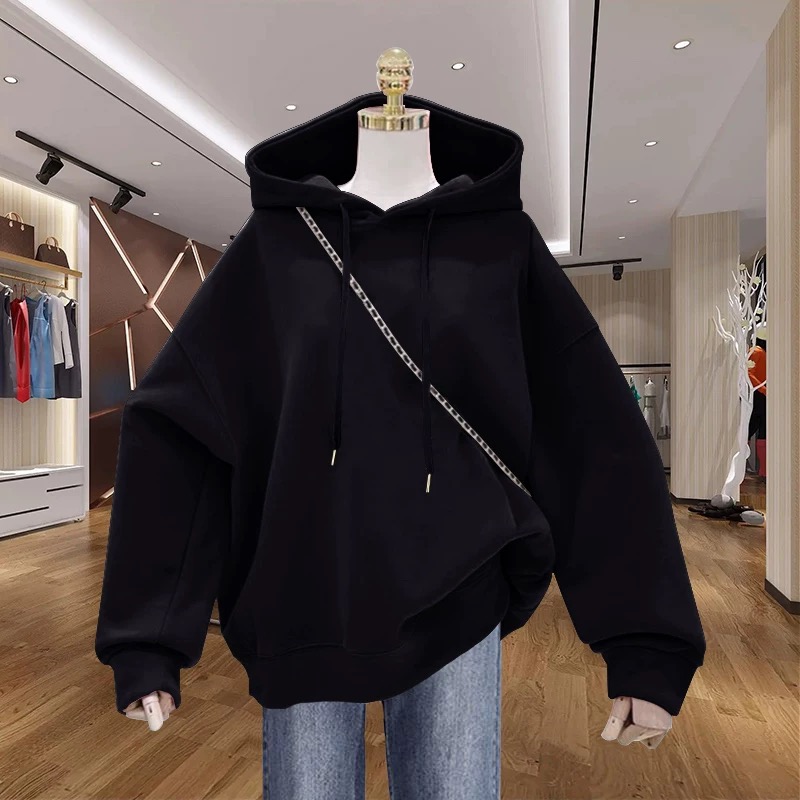 加绒港仔同款秋冬款男女同款纯色连帽宽松大版卫衣-5