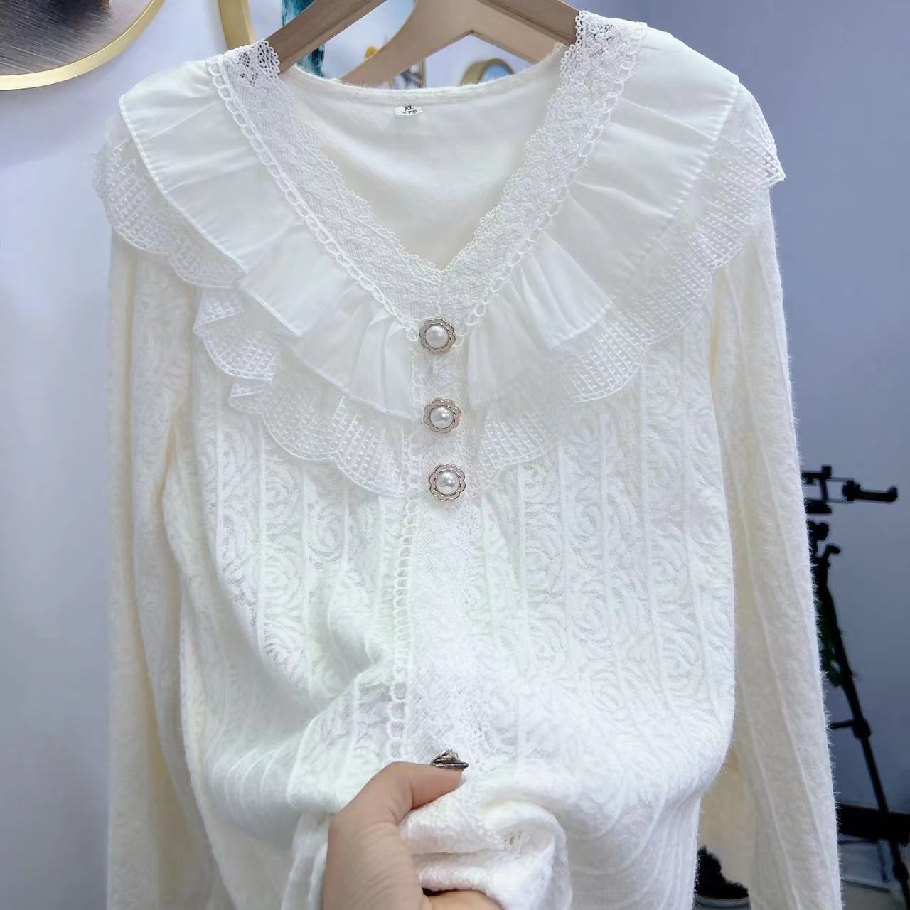 荷叶边V领竖纹宽松大码气质水貂绒秋冬季加绒新款套头蕾丝长袖衫