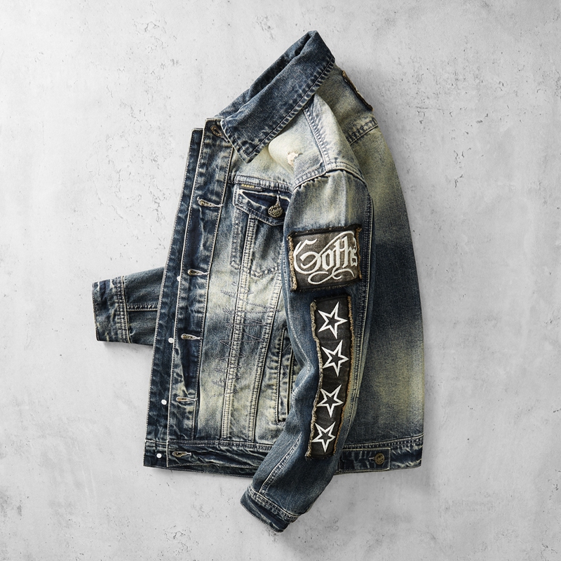 鲨皇秋季怀旧复古字母刺绣高端潮流牛仔外套男潮牌翻领复古牛仔衣