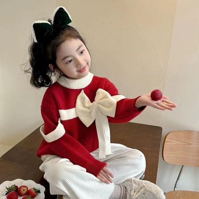 2023爆款女童红色毛衣冬季秋冬洋气上衣儿童新款蝴蝶结针织衫加厚