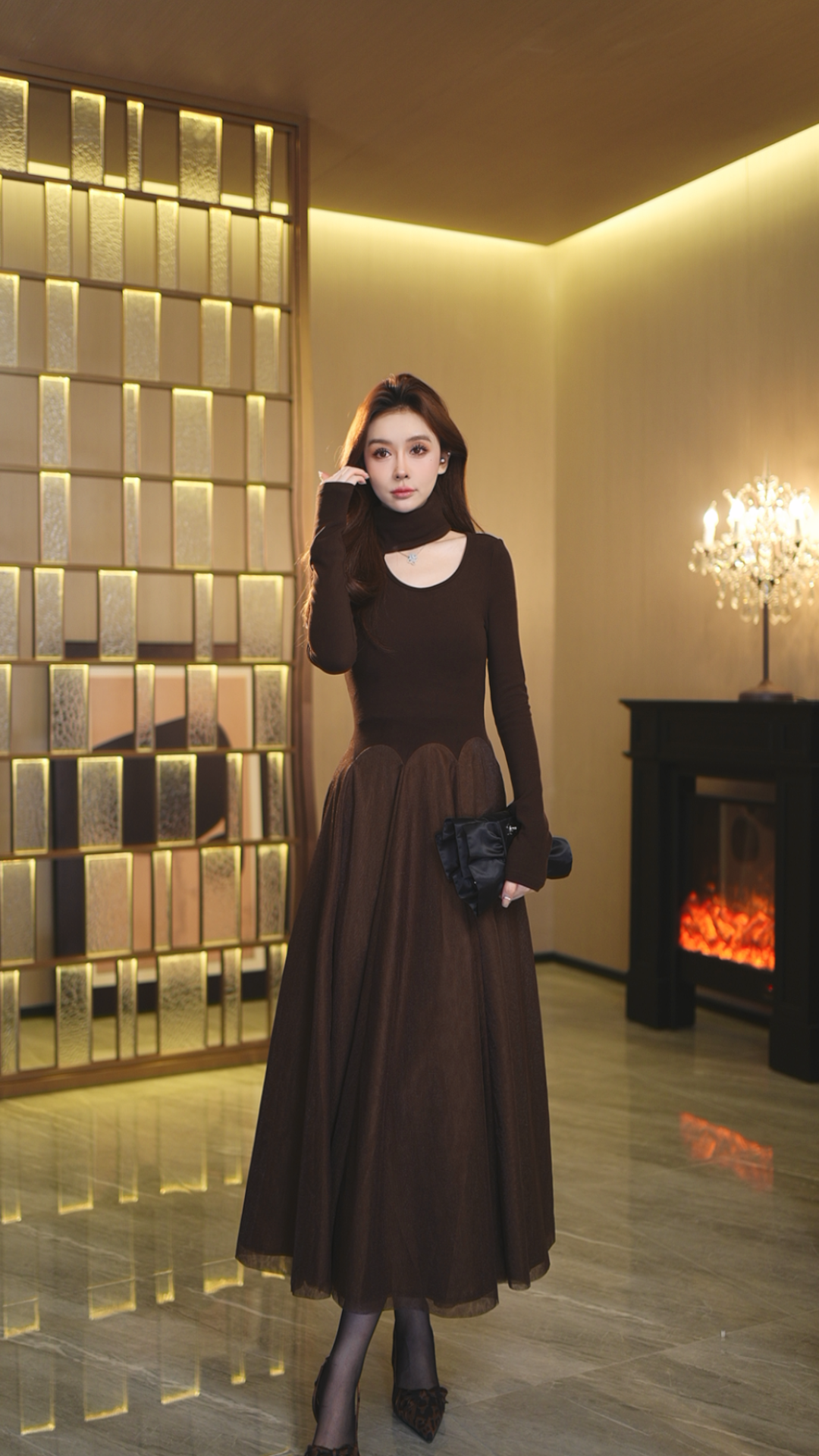 罗曼湾湾 气质长袖轻奢显瘦轻奢设计师连衣裙