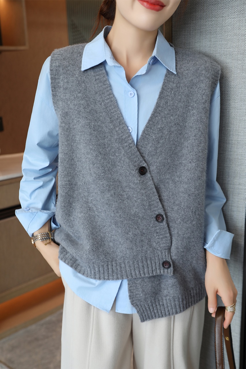 新款羊毛马甲外穿遮肉不对称开衫坎肩春秋外搭洋气宽松上衣