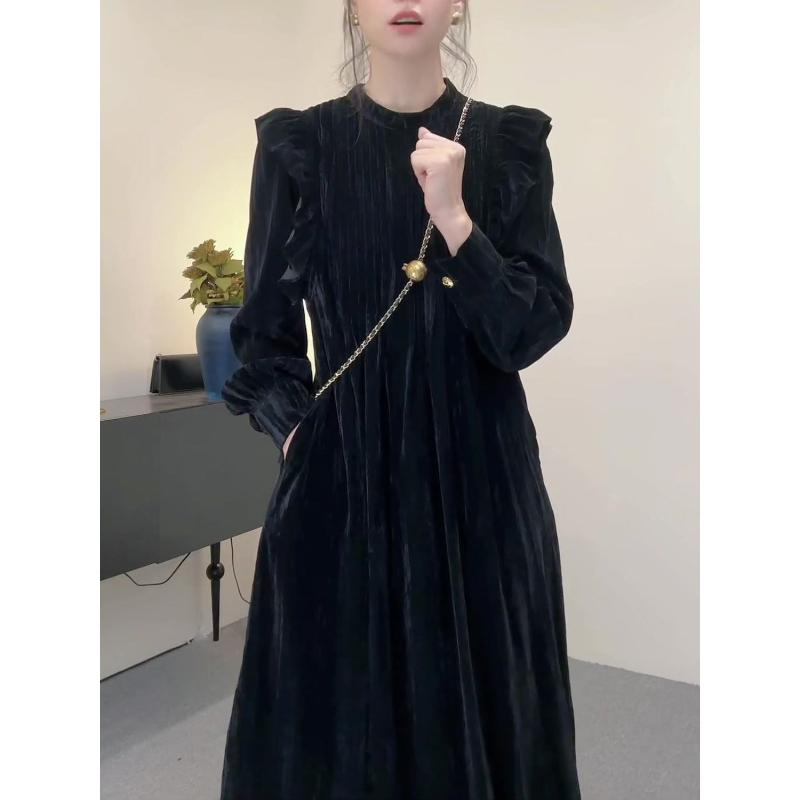 气质荷叶边连衣裙长袖时尚裙子法式蕾丝红色打底爆款加绒长裙开叉