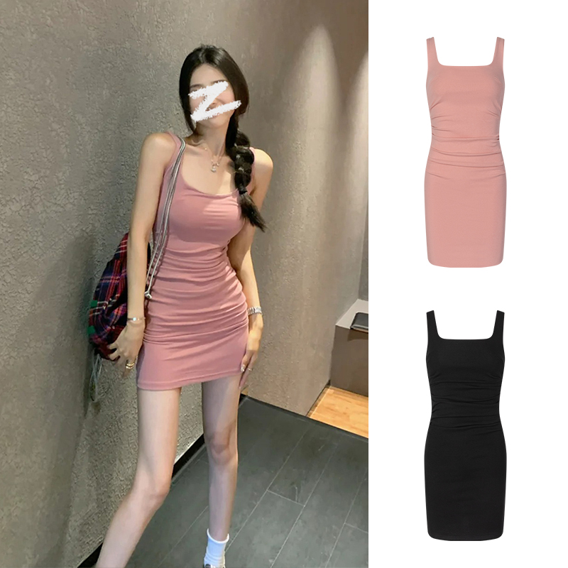 Moses Queen/魔西女王裸粉色短裙方领辣妹包臀裙收腰背心连衣裙