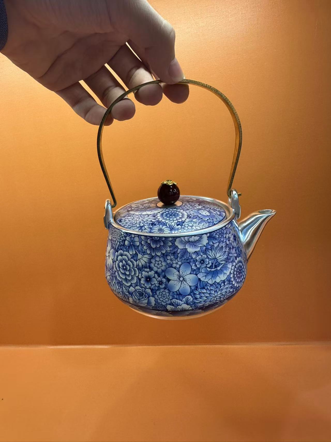 秋香茶具 青花提梁壶瓷胎包银一壶两杯套装家用功夫茶具-4861