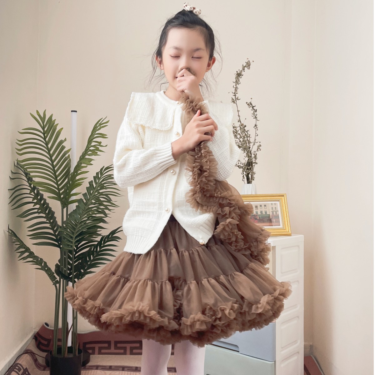 二代女孩美拉德风女童裙子高端洋气百褶网纱蓬蓬TUTU裙9215