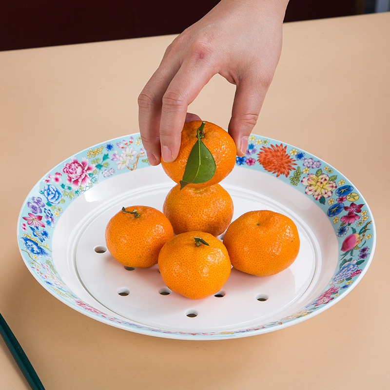 万花珐琅彩10寸饺子盘宫廷风中式家用水饺盘沥水盘景德镇陶瓷餐具