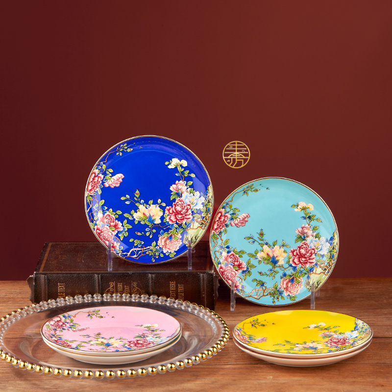 景德镇珐琅彩牡丹花创意6寸大号高档欧式骨碟盘子新中式风家用