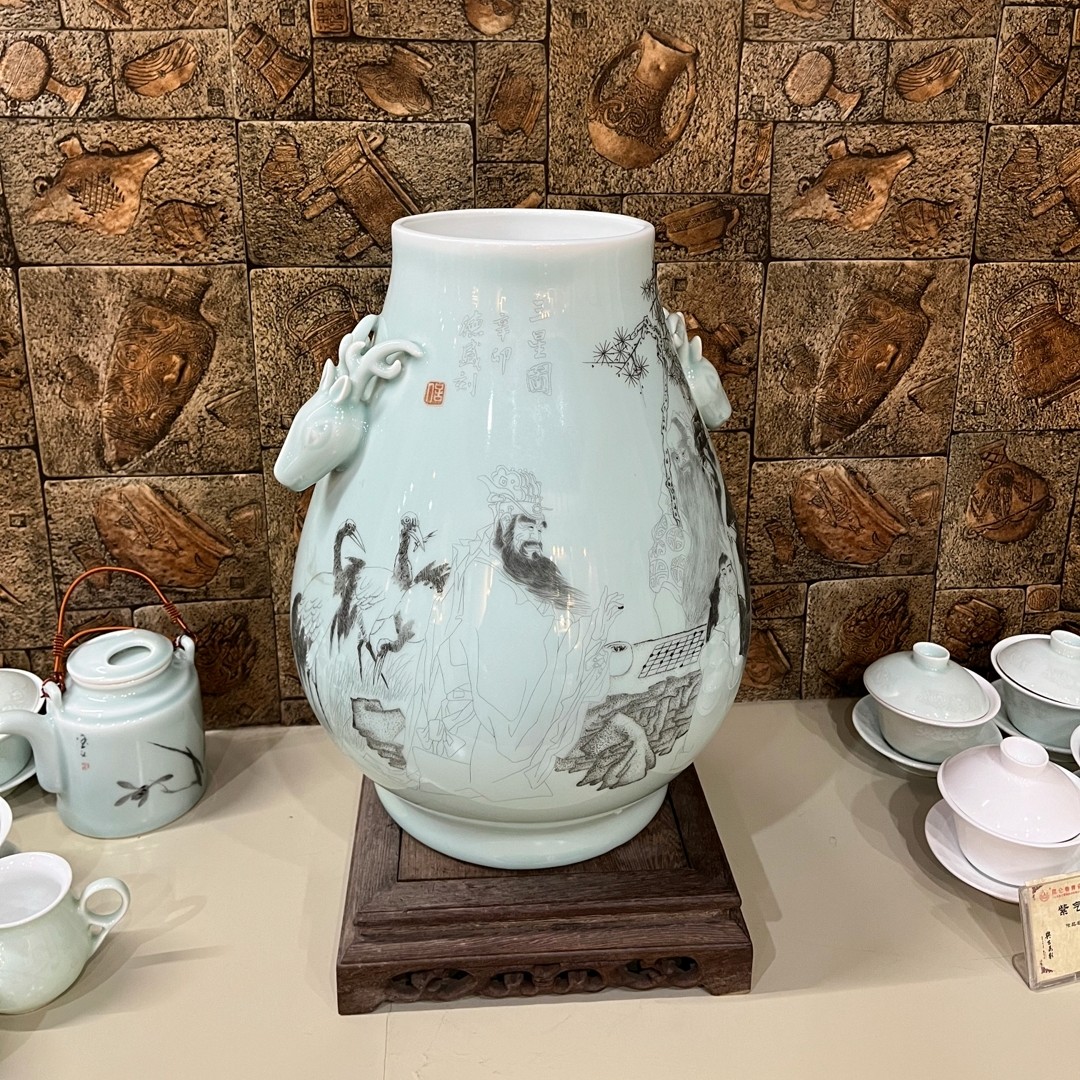 昆仑牌鲁青瓷刻瓷《三星图》手工中式精美雕刻家用360mm*320mm