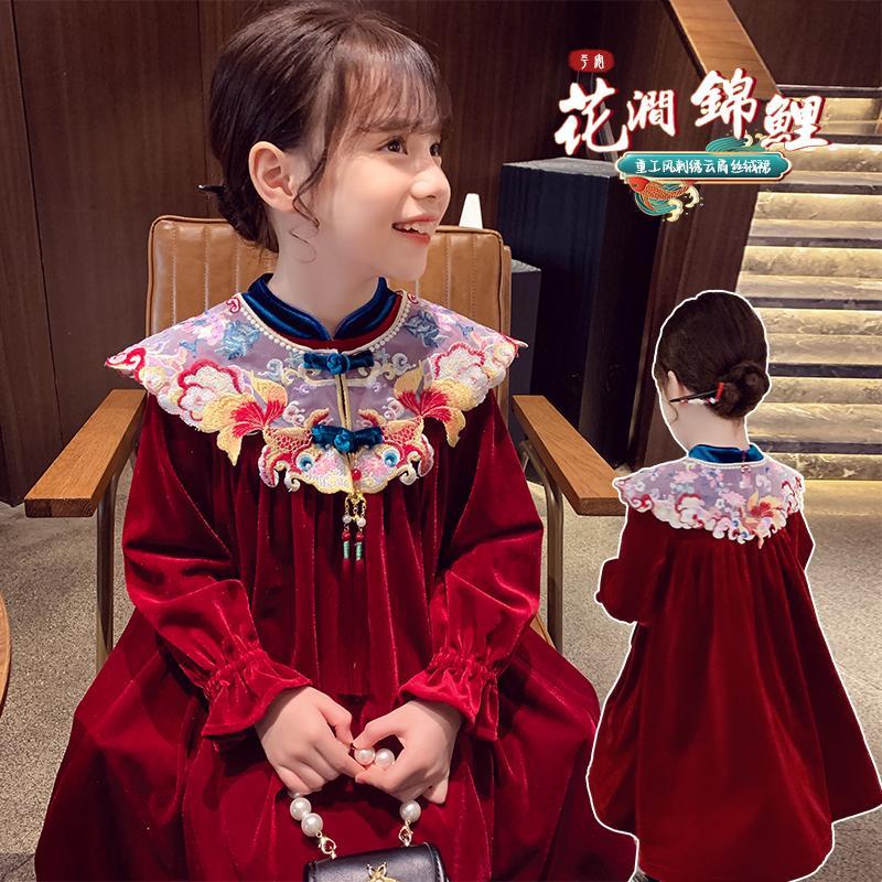 女童加绒连衣裙冬装2023新款洋气儿童红色丝绒裙女孩中国风拜年服