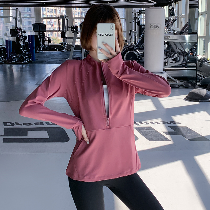 秋冬大码女跑步T恤长袖健身服速干衣运动上衣半拉链外穿瑜伽服B21