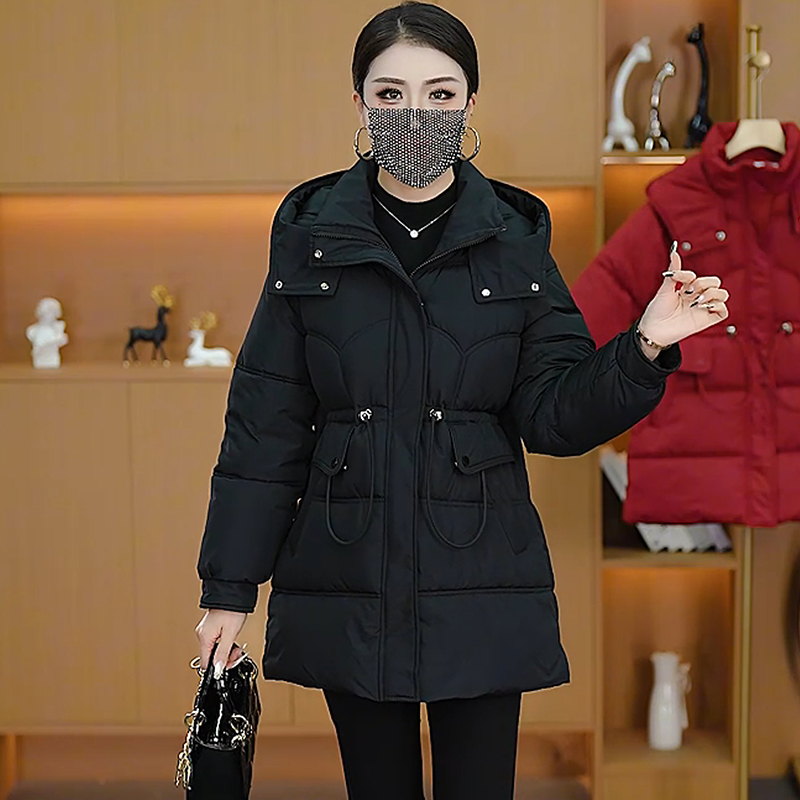2025爆款女装棉服收腰连帽中长款时尚冬季加厚棉衣