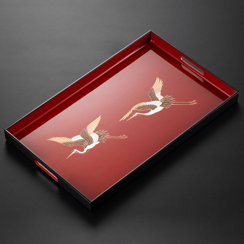 同合日本进口山中漆器朱羽鹤茶盘日式家用茶具长方形点心托盘漆盘