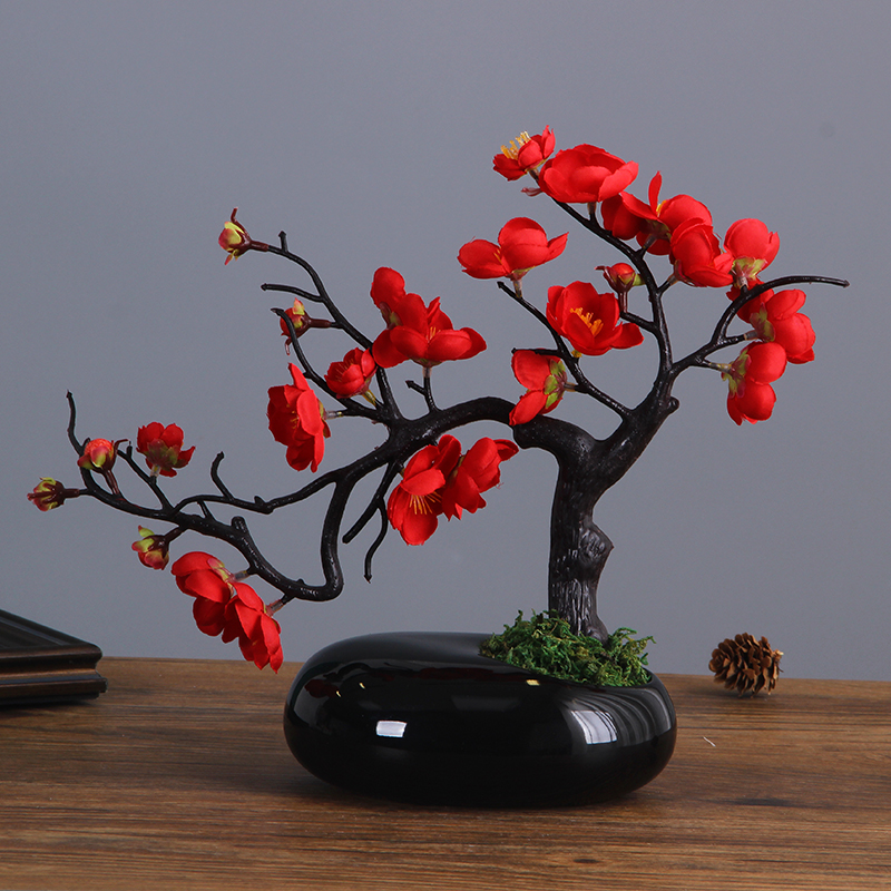 禅意陶瓷花瓶仿石头装饰品梅花客厅摆件水培花盆器创意黄金葛小花