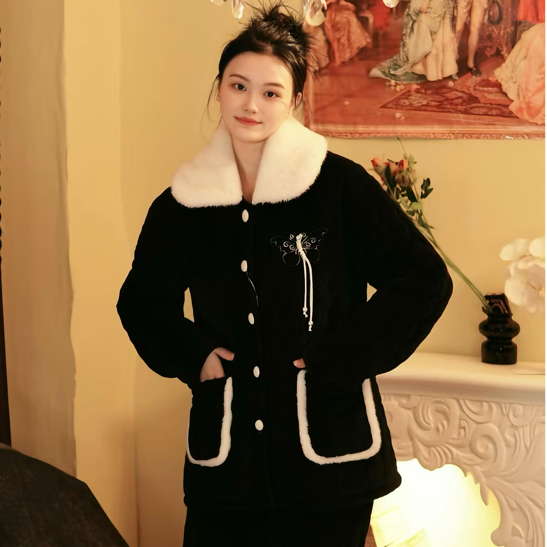 【刺绣蝴蝶】2024冬季女士新款睡衣加绒加厚保暖套装蝴蝶刺绣家居服