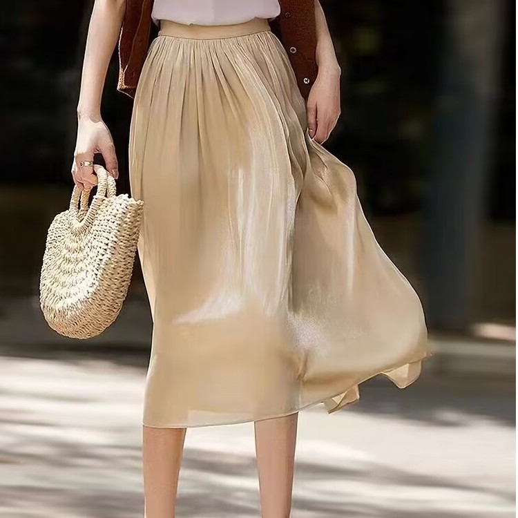 新款春夏季高腰显瘦珠光垂坠感松紧腰百褶纯色珠光半身流光裙