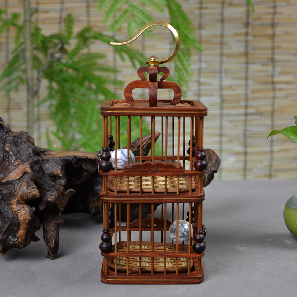 血檀竹条双层蝈蝈笼带木罐
