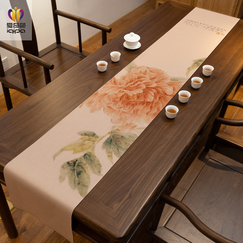 富贵花桌旗中式禅意茶桌垫布牡丹古典中国风防水茶几桌布长条桌旗