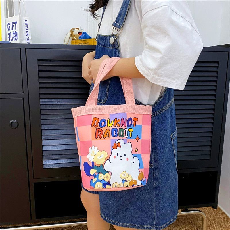 可爱插画小狗水桶型手提帆布包韩风少女心妈咪包便当包上班小拎包