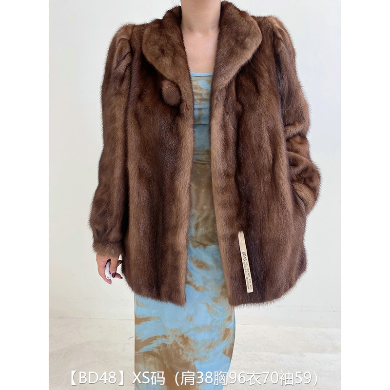 【BD48】XS码 蜜茶棕全抽短款貂皮大衣皮草外套 翻立领泡泡袖