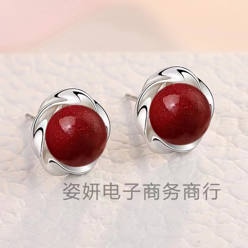 含辰砂工艺品气质简约百搭辰砂耳钉足银纯银防过敏日常耳饰耳环女