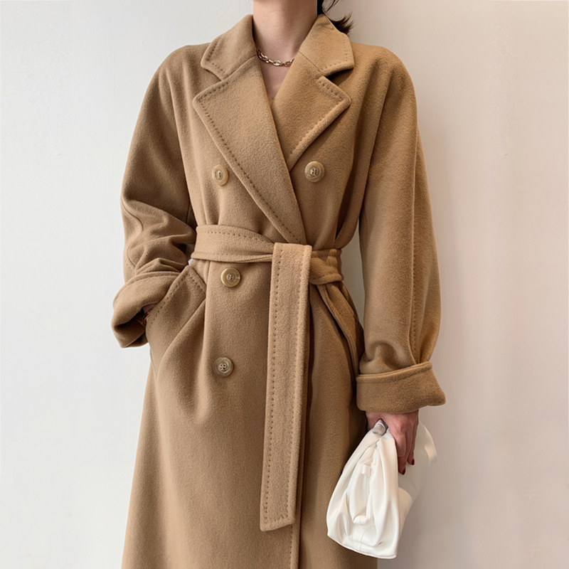 JiuChic101801大衣女气质秋冬经典双排扣驼色高端中长款毛呢