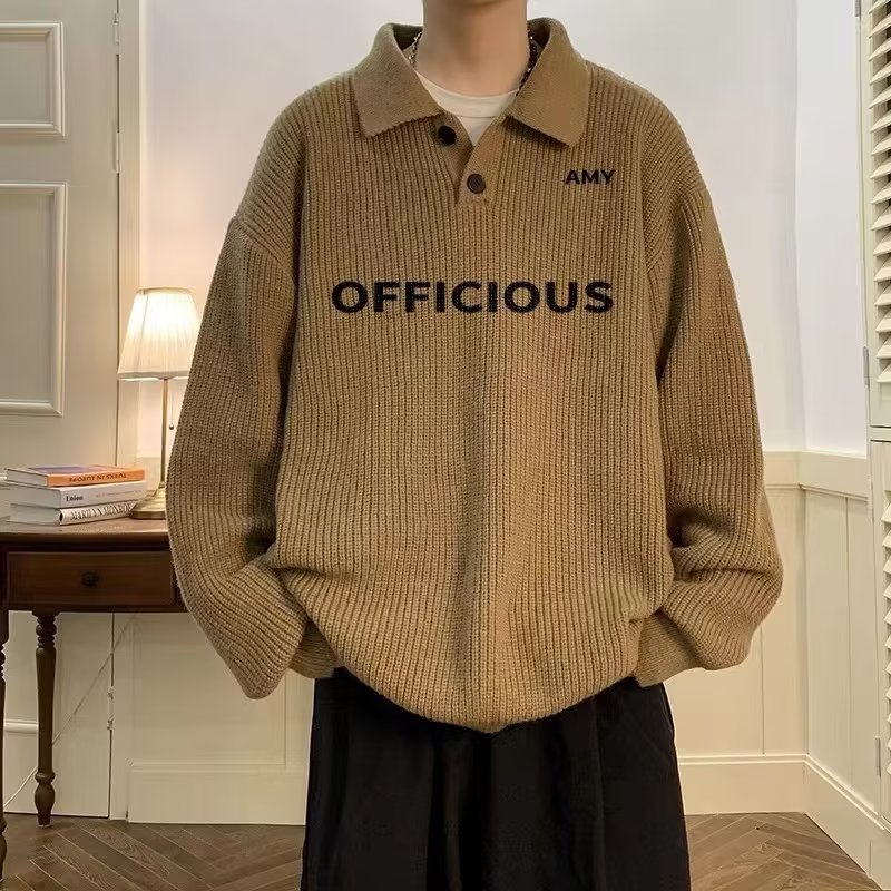 宽松日系慵懒风长袖领毛衣男美式复古感内搭针织衫冬男士休闲百搭