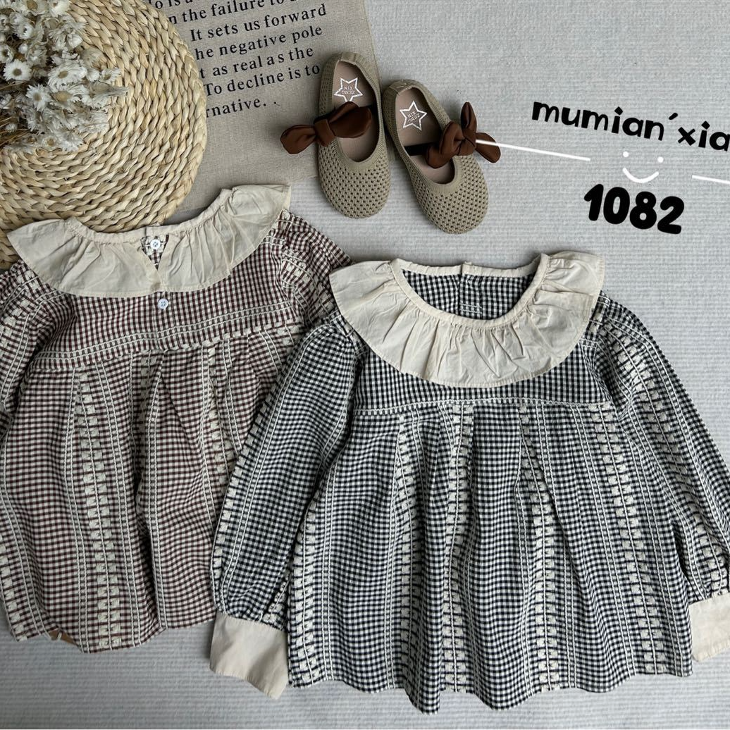 秋季女童翻领格子拼接毛线花边休闲娃娃衫1082