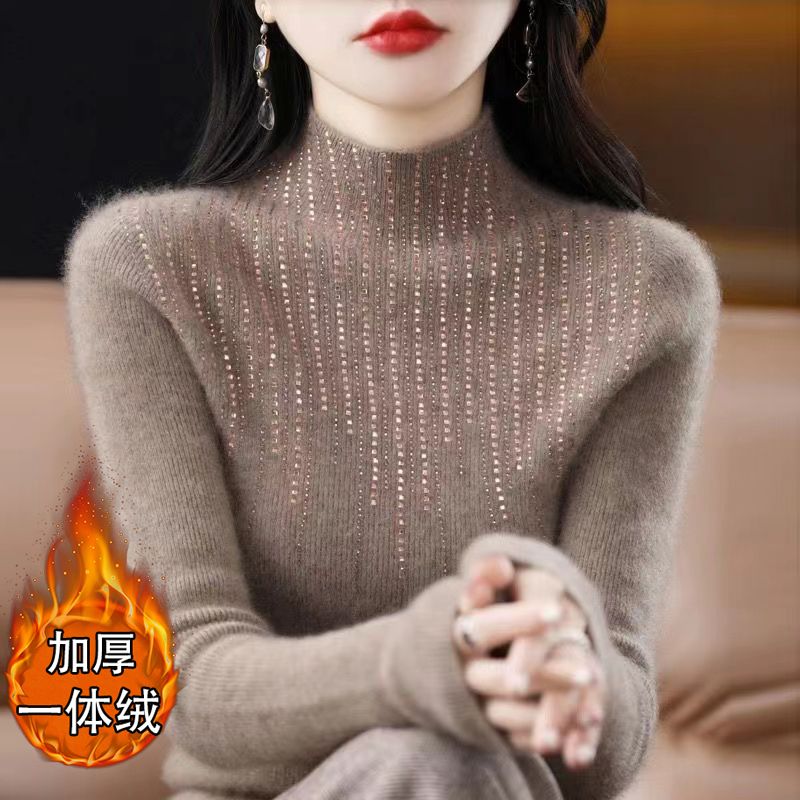 半高领毛衣女针织烫钻打底衫秋冬新款修身长袖内搭上衣洋气蕾丝