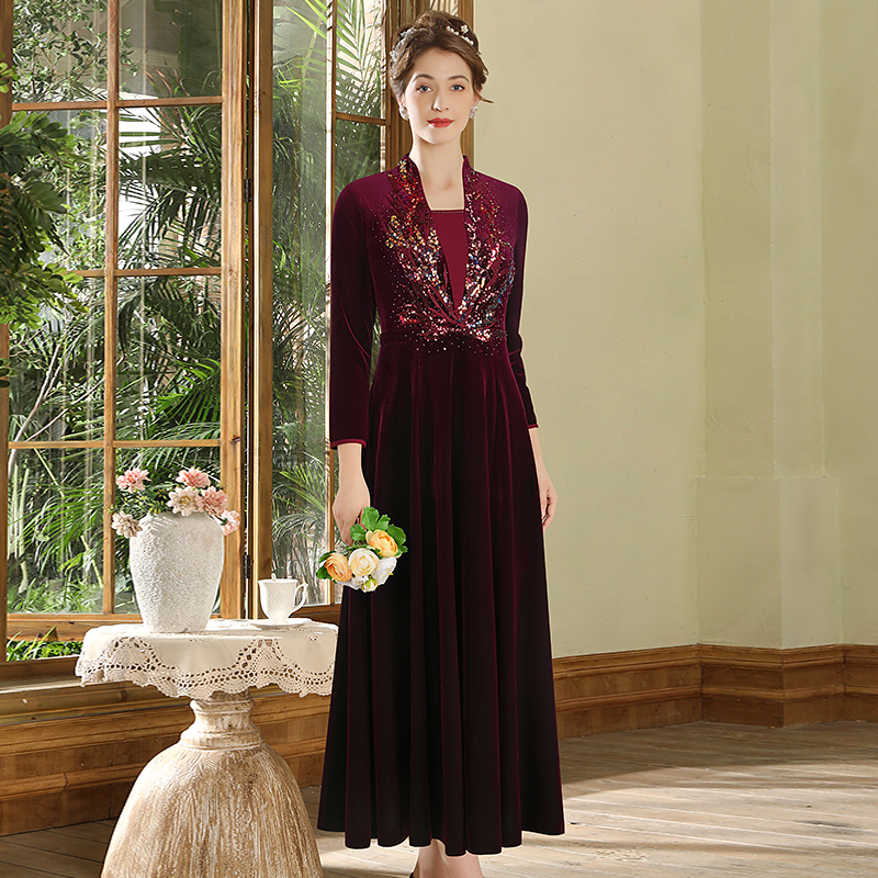 【流芳】冬长袖丝绒立体绣花精致V领时尚宴会主持人礼服