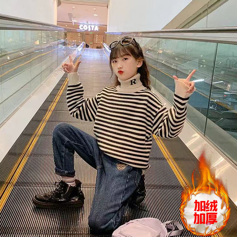 女童加绒毛衣2023新款秋冬装洋气中大童套头高领儿童加厚针织衫