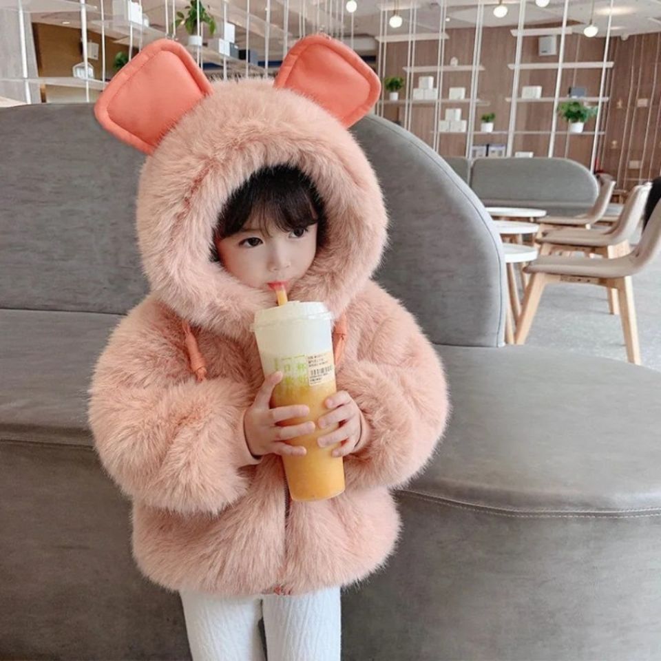 女童毛毛衣连帽保暖外套2022新款冬季女宝宝加绒加厚仿皮草棉袄