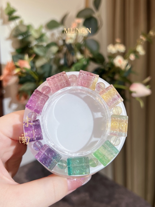 天然萤手串 彩色渐变 糖果色 马卡龙   回纹方糖 雕刻 冰透 手工