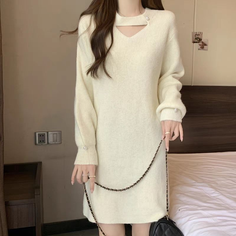 中长款慵懒风毛衣裙女宽松遮肉2024秋冬新款加厚针织衫过臀打底裙