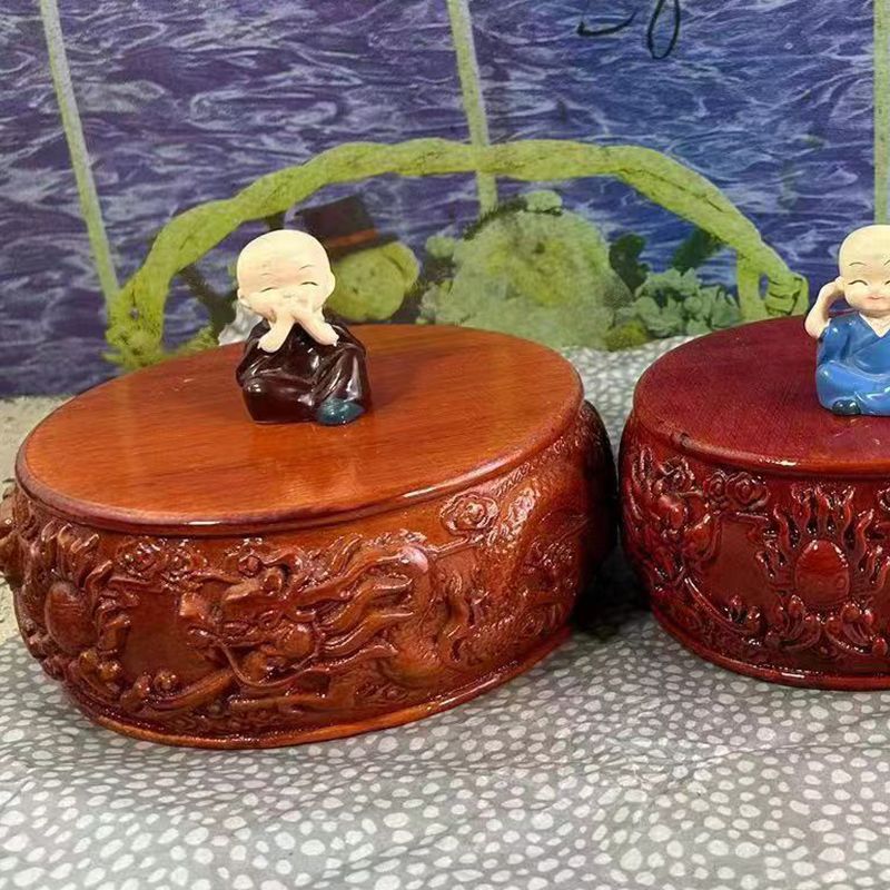 新款圆形精雕飞龙橙红色奇石实木底座可挖凿马拉斯木实木摆件底座