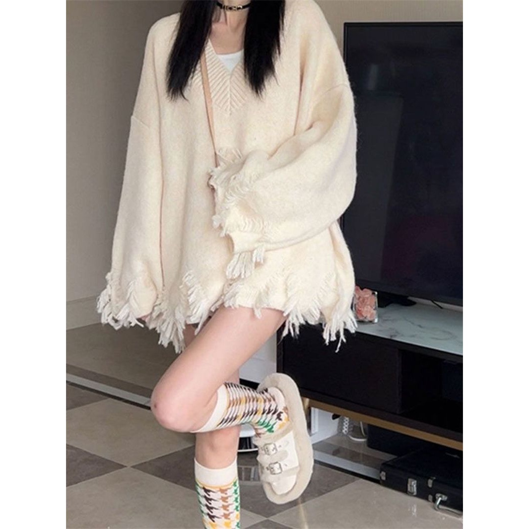 法式复古V领毛边流苏设计感毛衣女秋冬慵懒风宽松韩版显瘦针织衫