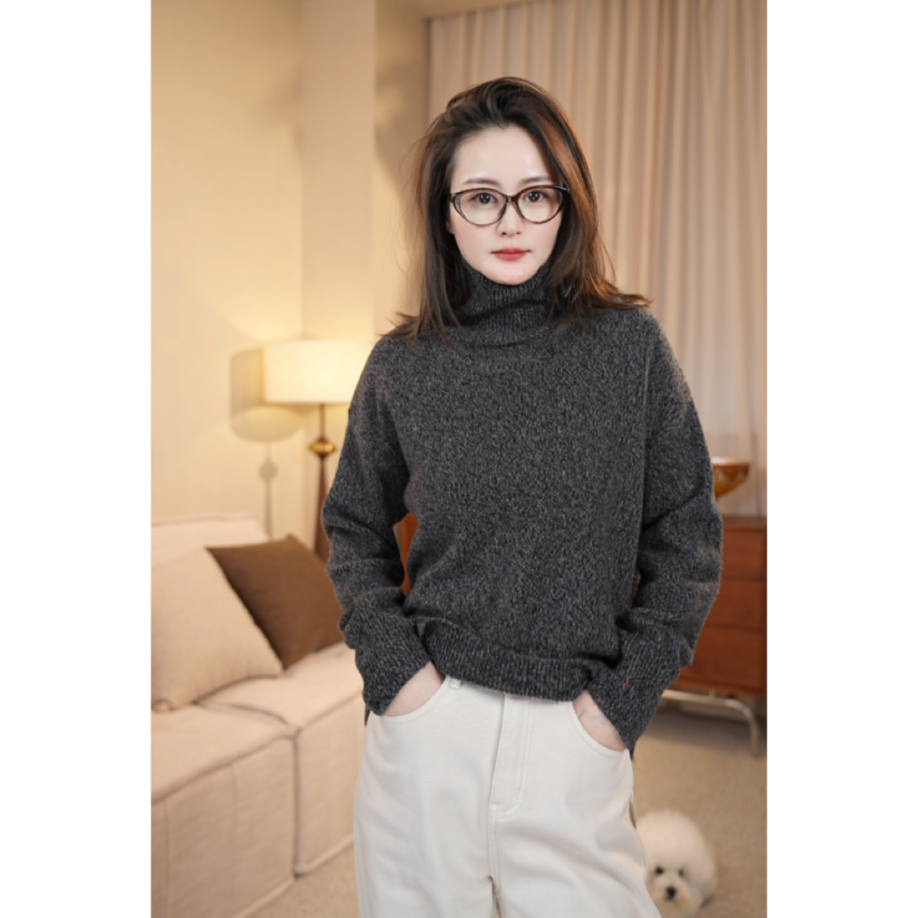 【馨悦】加厚花纱高领定纺纱慵懒套头针织衫F005-YC043