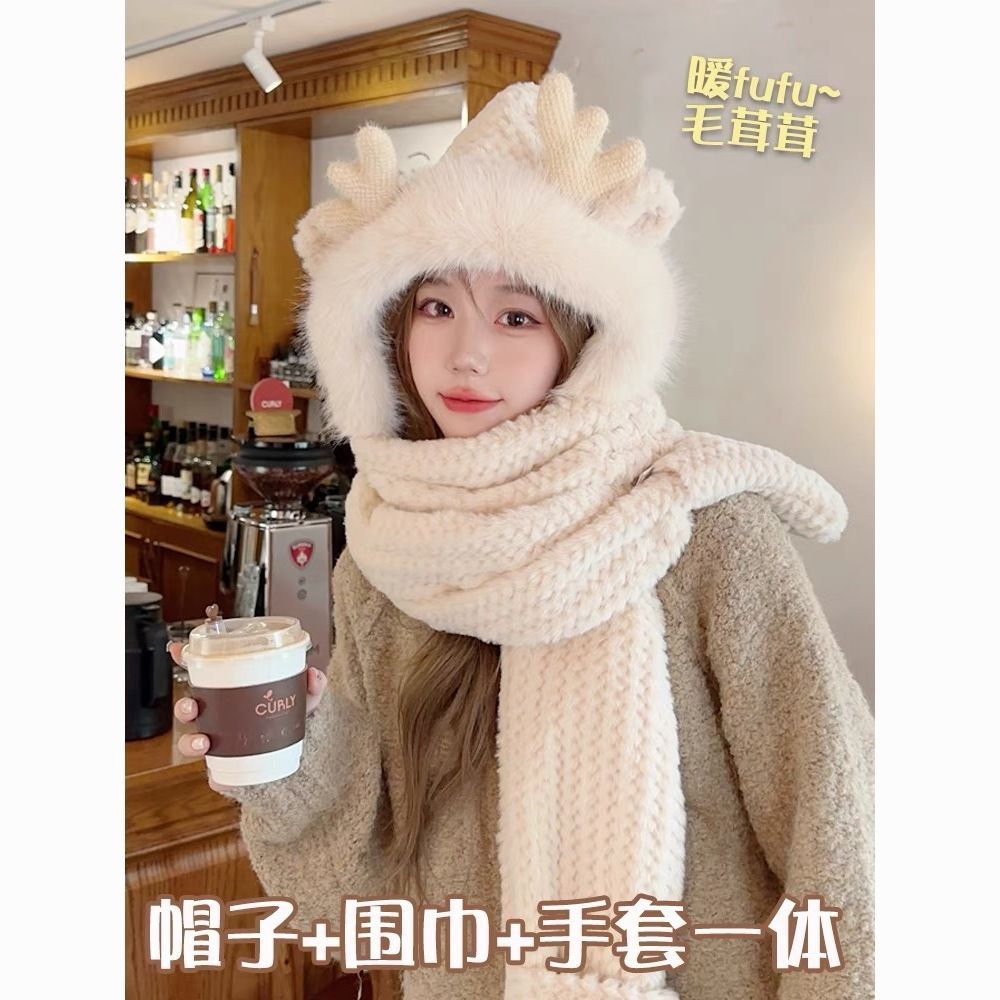 【鹿角保暖一体帽】新品可爱围巾手套秋冬毛绒编织连帽围脖三件套