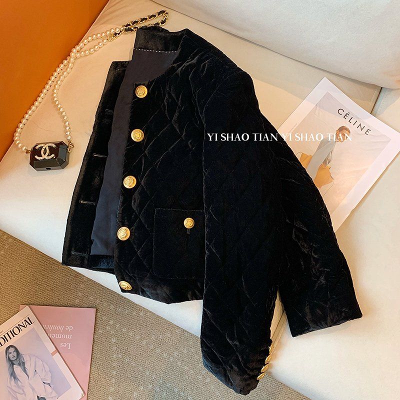 高级感法式小香风黑色丝绒棉服女2023秋冬新款时尚菱格夹棉短外套