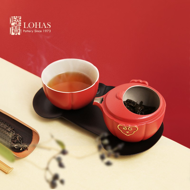 LOHAS/陆宝陶瓷茶具泡茶杯旅行茶具套装便携式快客杯带托盘如意