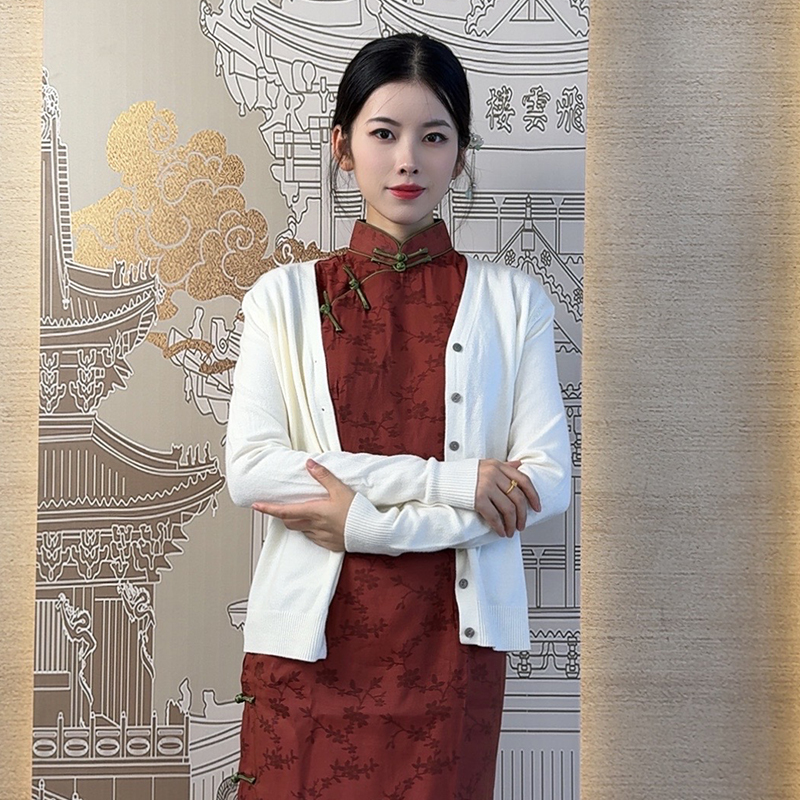 玲珑缎新款春秋天开衫保暖旗袍外套女针织长袖简约中式宽松时尚
