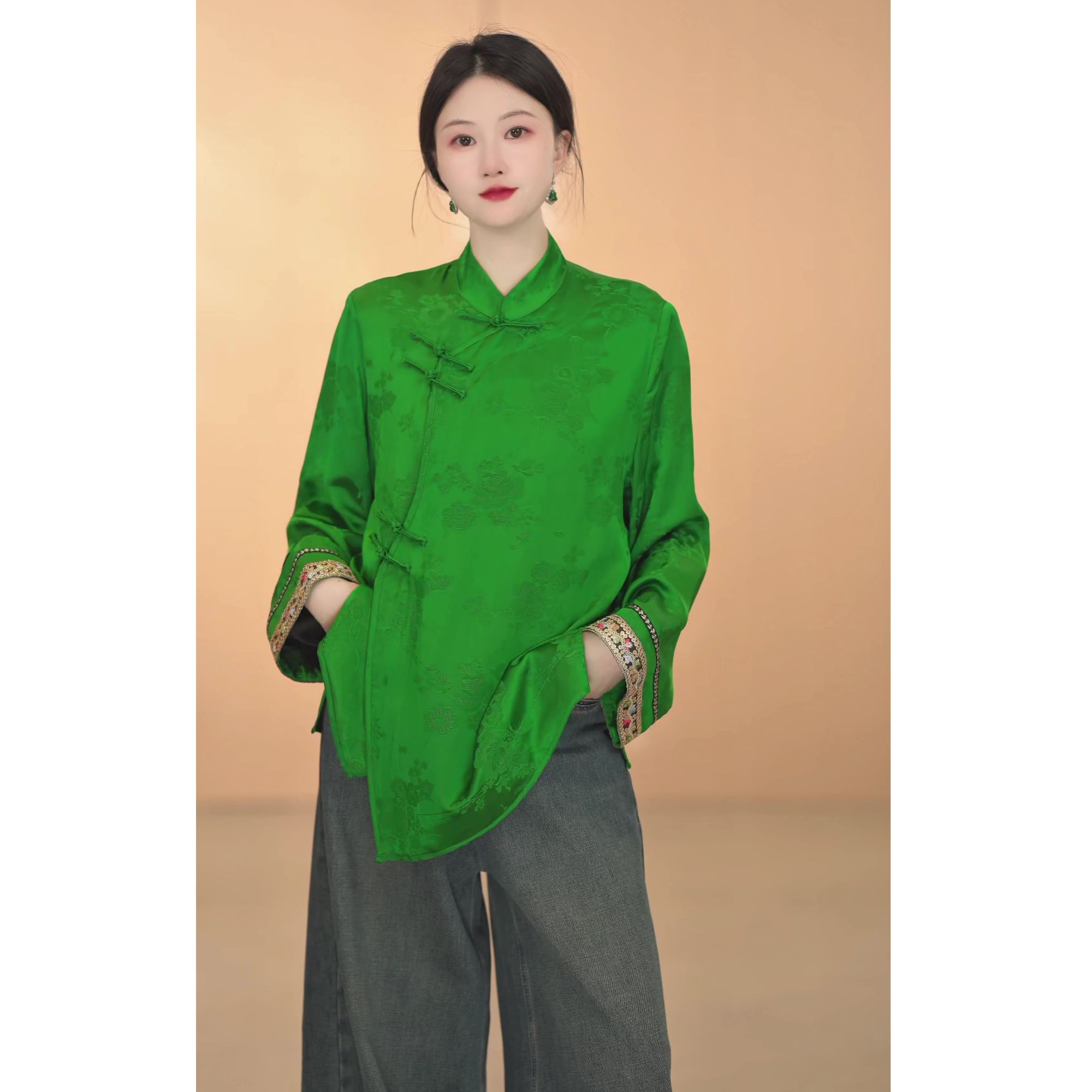 【嫩芽绿】秋冬时尚百搭复古冬季外套提花气质新中式绿色斜襟圆领