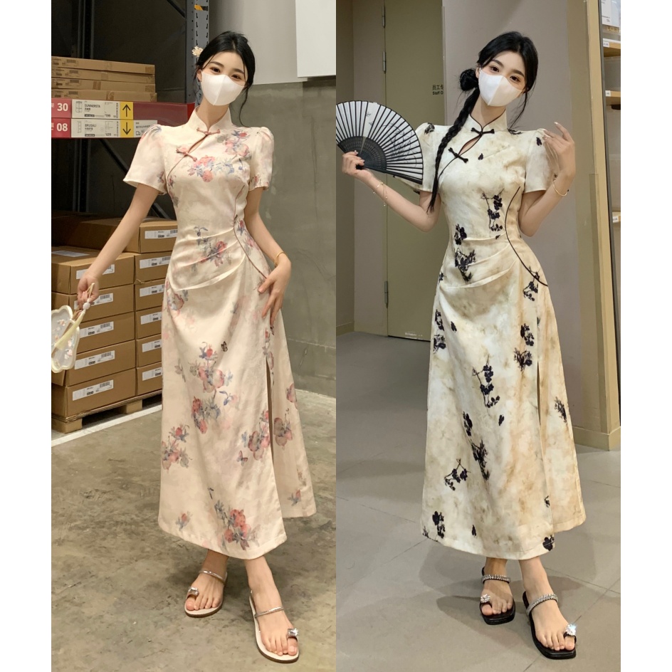 大码女装新中式国风改良旗袍裙子2024夏季遮肚碎花连衣裙